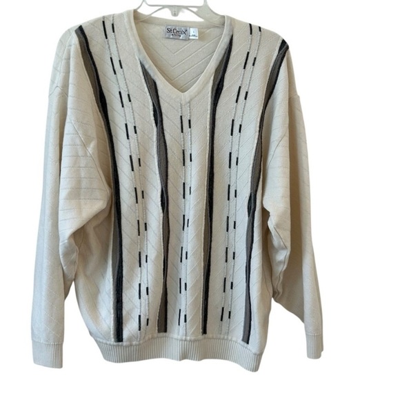 Vintage Cream V-Neck Sweater with Gray and Black Dotted Stripes Large - Picture 9 of 9